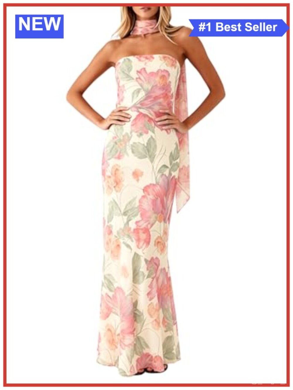 Strapless Bodycon Floral Maxi Dress with Detachable Scarf Mesh Tube Dress